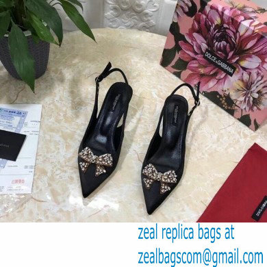 Dolce  &  Gabbana Heel 6.5cm Satin Slingbacks Black with Crystal Bow 2021